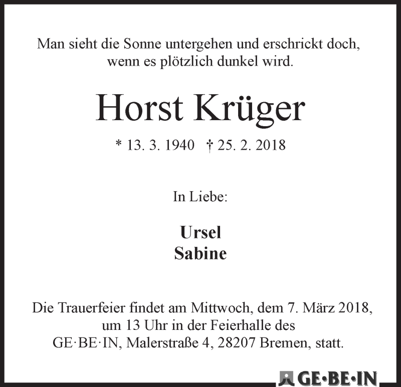 Traueranzeige von Horst Krüger von WESER-KURIER