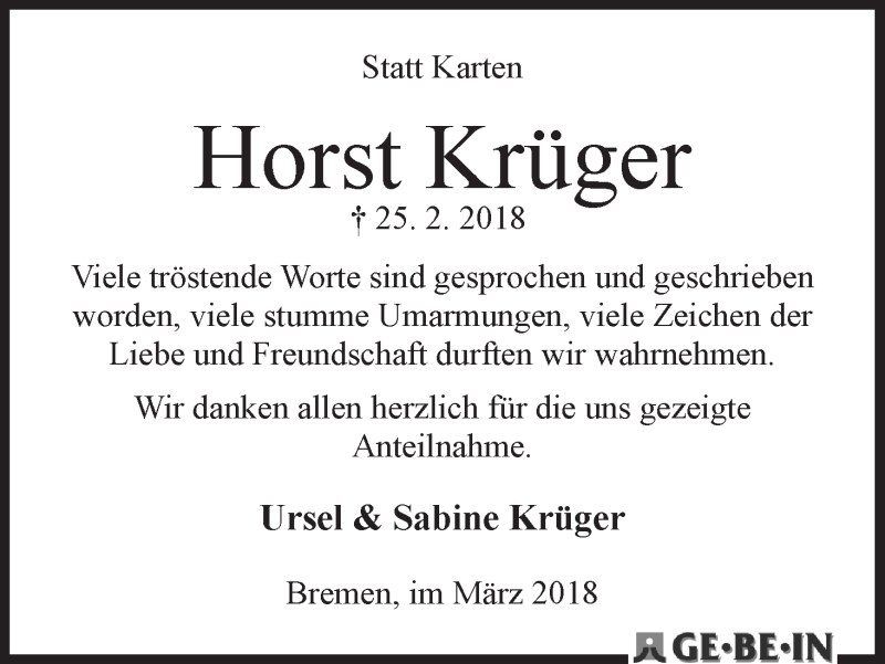 Traueranzeige von Horst Küger von WESER-KURIER