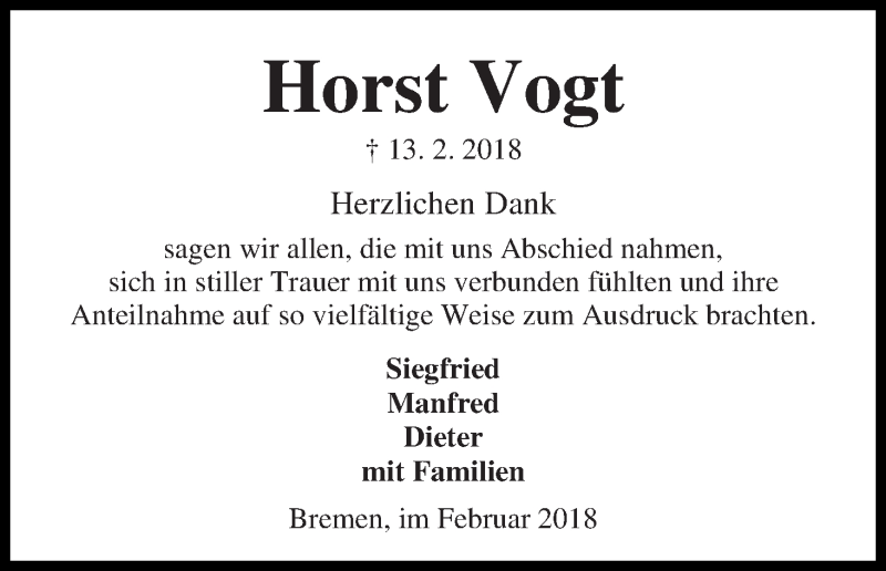 Traueranzeige von Horst Vogt von WESER-KURIER