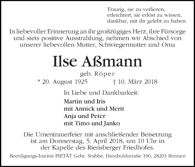 Traueranzeige von Ilse Aßmann von WESER-KURIER