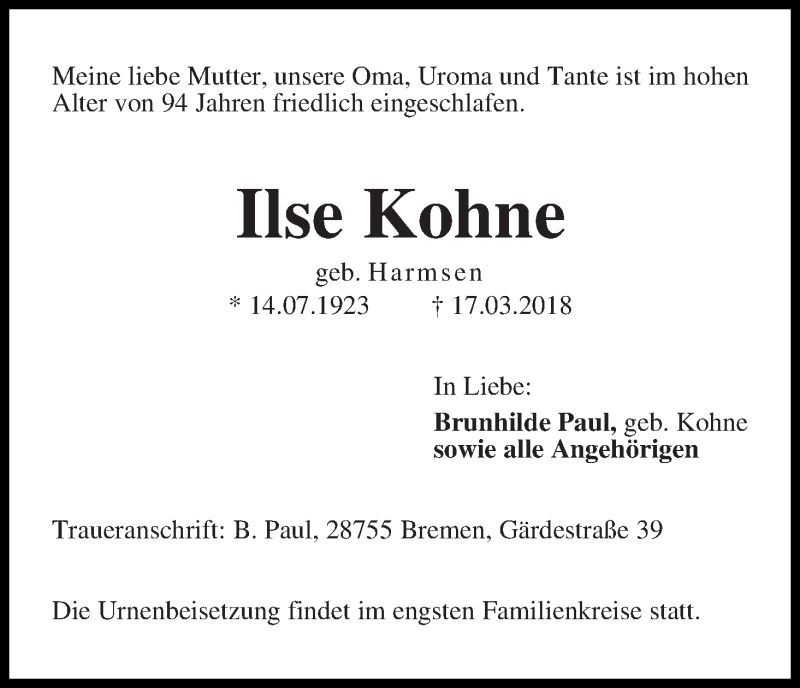 Traueranzeige von Ilse Kohne von Die Norddeutsche