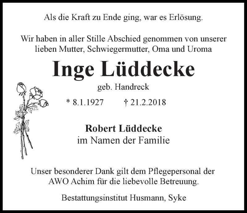 Traueranzeige von Inge Lüddecke von WESER-KURIER
