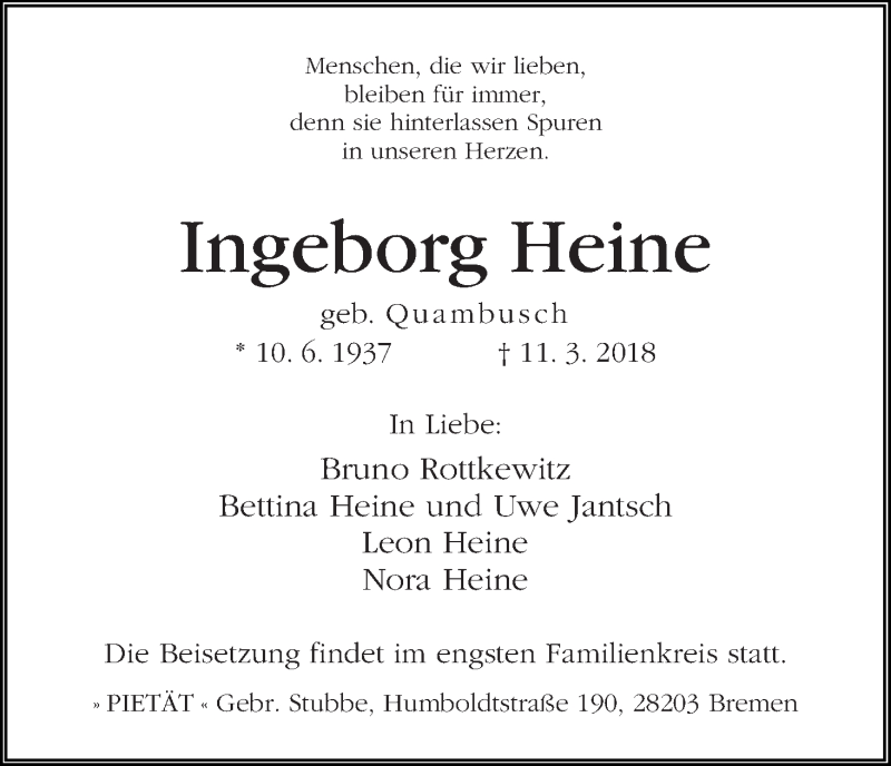 Traueranzeige von Ingeborg Heine von WESER-KURIER