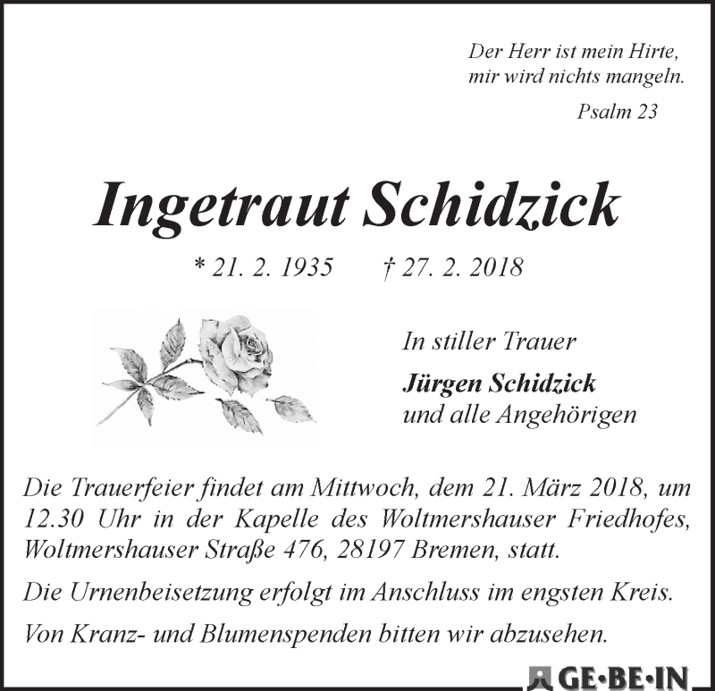 Traueranzeige von Ingetraut Schidzick von WESER-KURIER