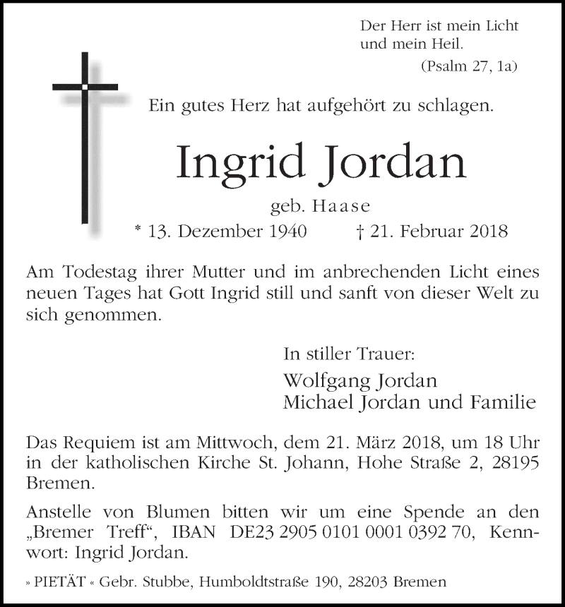 Traueranzeige von Ingrid Jordan von WESER-KURIER