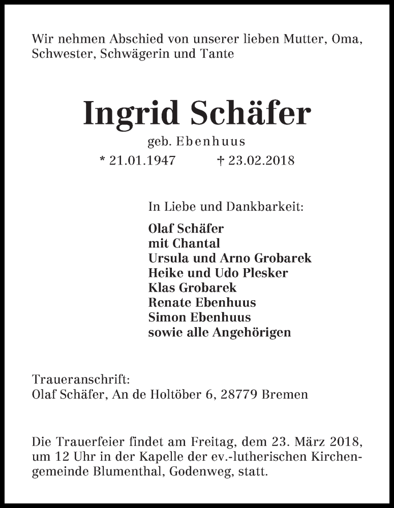 Traueranzeige von Ingrid Schäfer von Die Norddeutsche