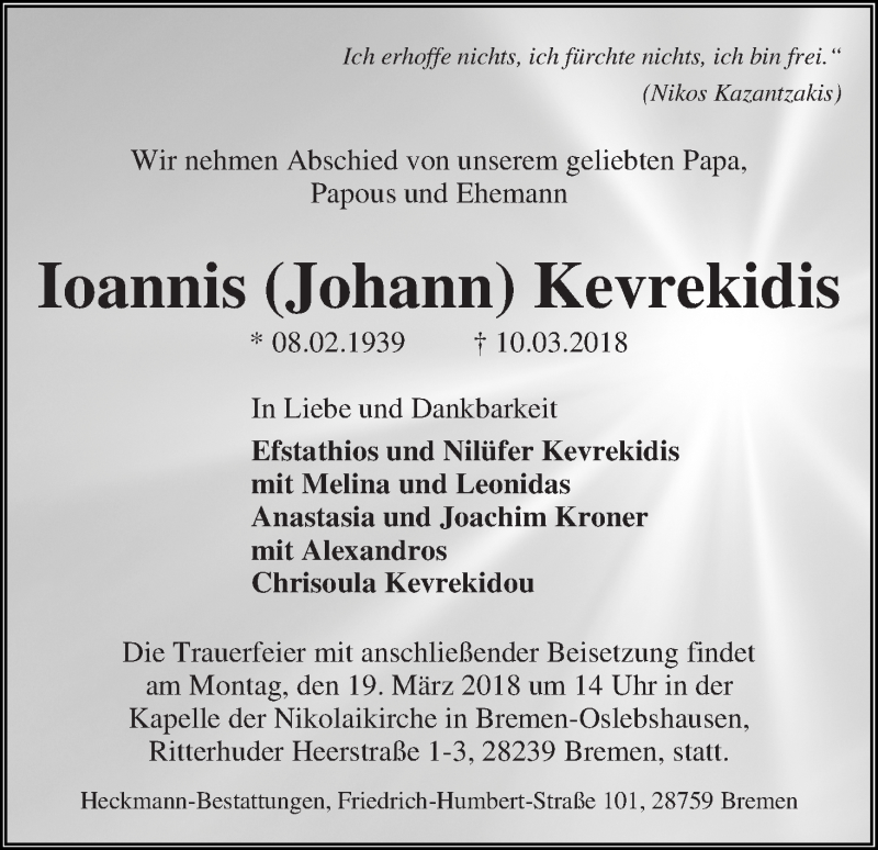 Traueranzeige von Ioannis (Johann) Kevrekidis von WESER-KURIER
