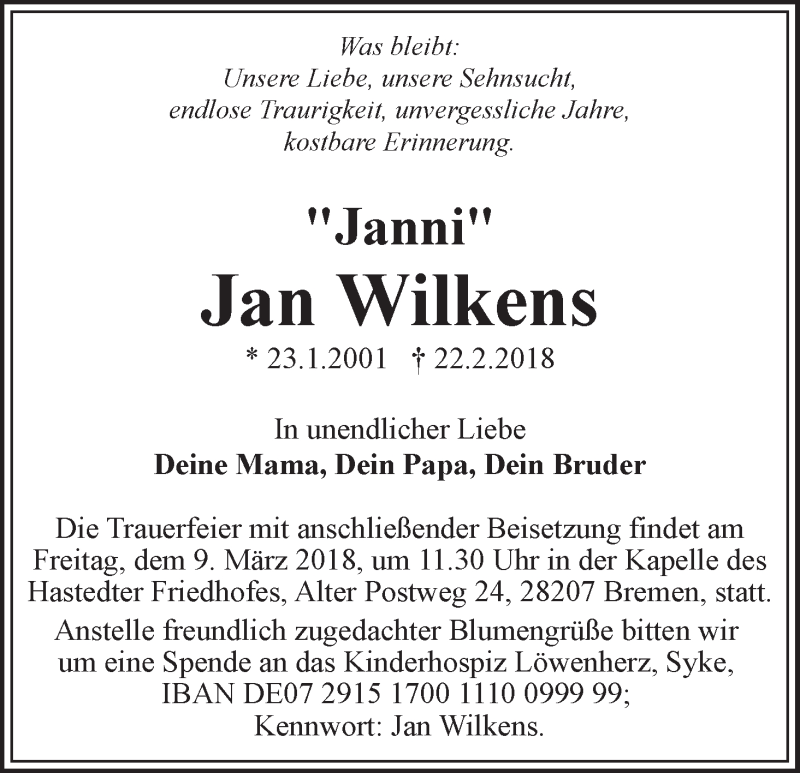 Traueranzeige von Jan Wilkens von WESER-KURIER