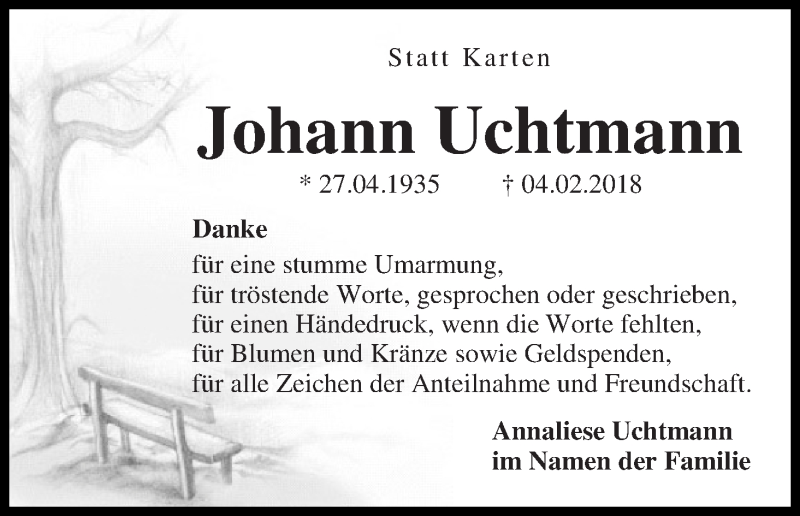Traueranzeige von Johann Uchtmann von WESER-KURIER