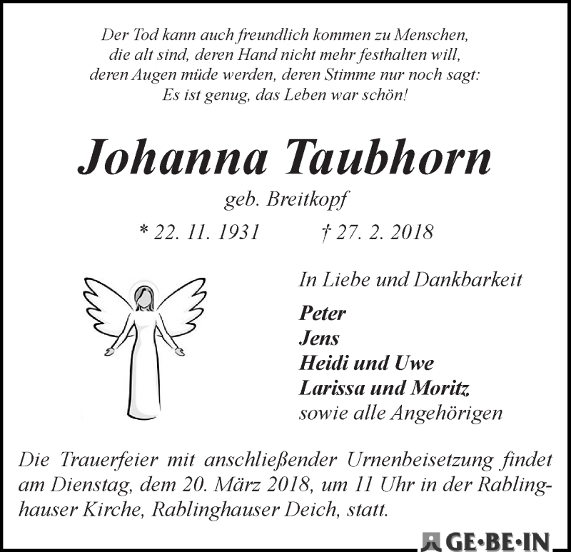 Traueranzeige von Johanna Taubhorn von WESER-KURIER