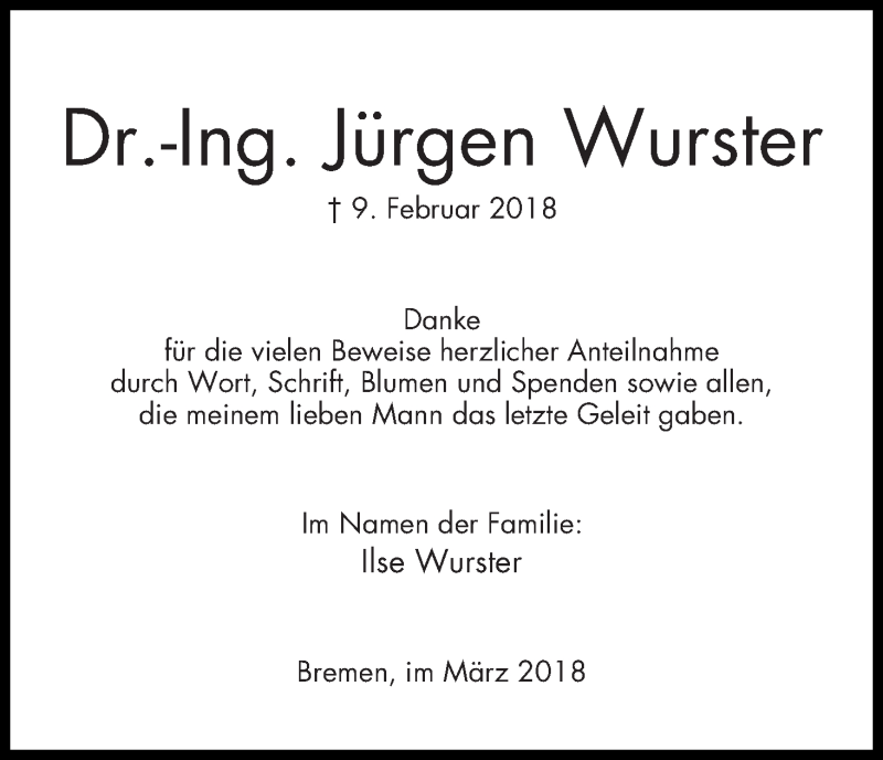Traueranzeige von Jürgen Wurster von WESER-KURIER
