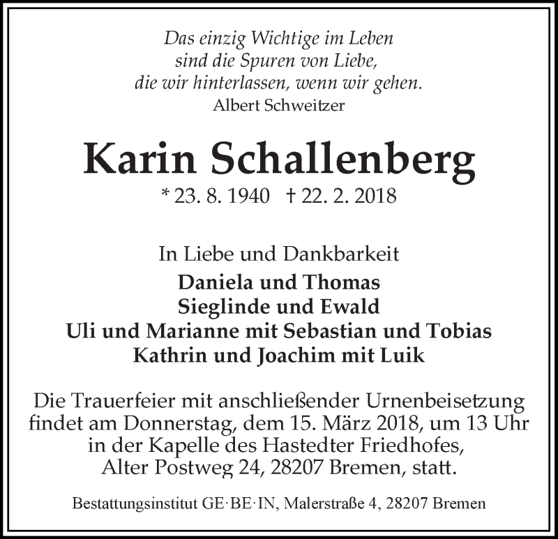 Traueranzeige von Karin Schallenberg von WESER-KURIER