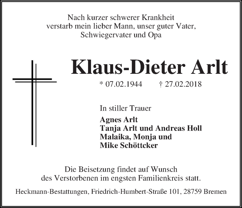 Traueranzeige von Klaus-Dieter Arlt von WESER-KURIER