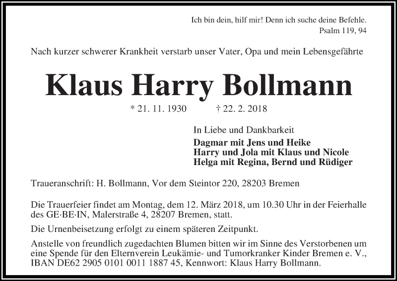 Traueranzeige von Klaus Harry Bollmann von WESER-KURIER