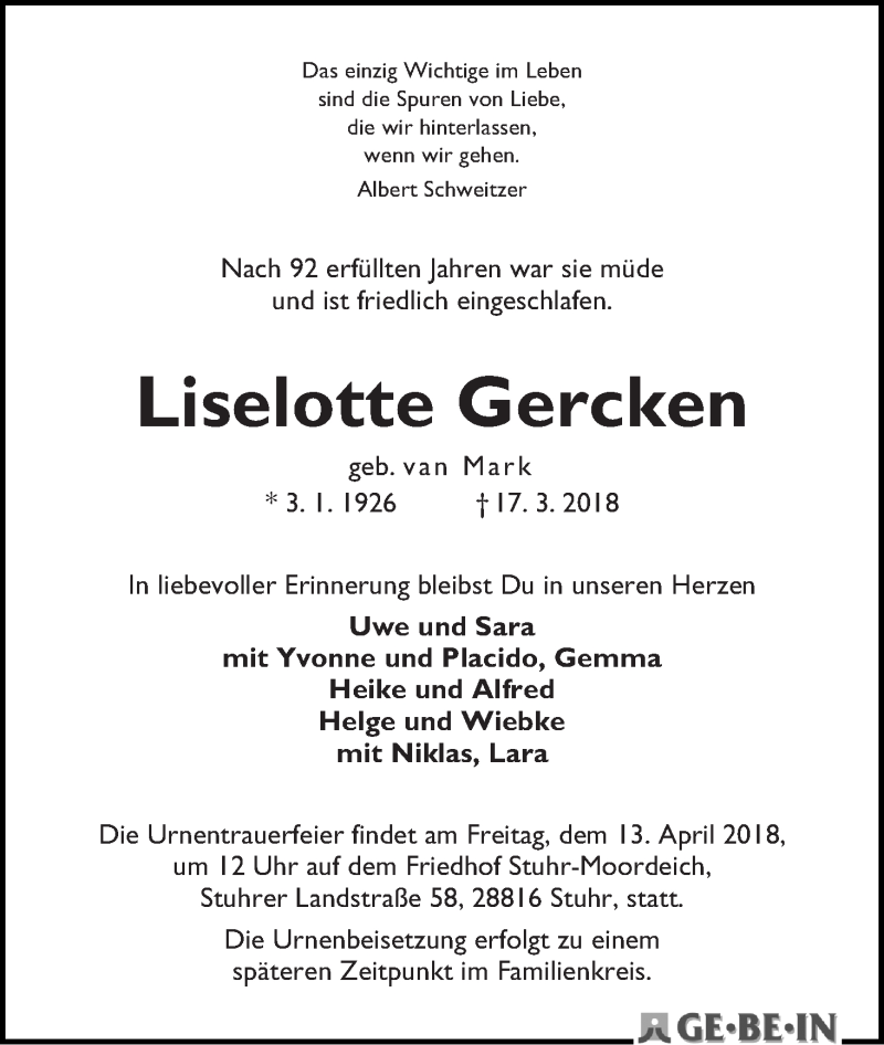 Traueranzeige von Liselotte Gercken von WESER-KURIER