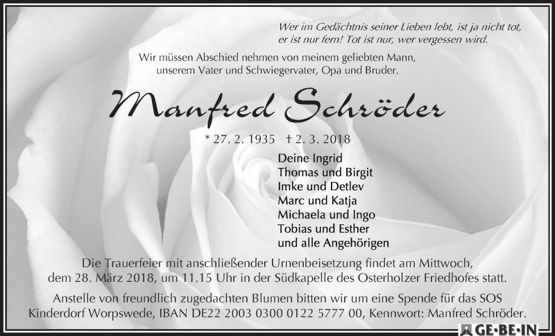 Traueranzeige von Manfred Schröder von WESER-KURIER
