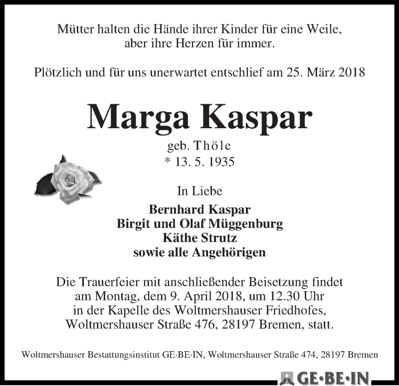 Traueranzeige von Marga Kaspar von WESER-KURIER