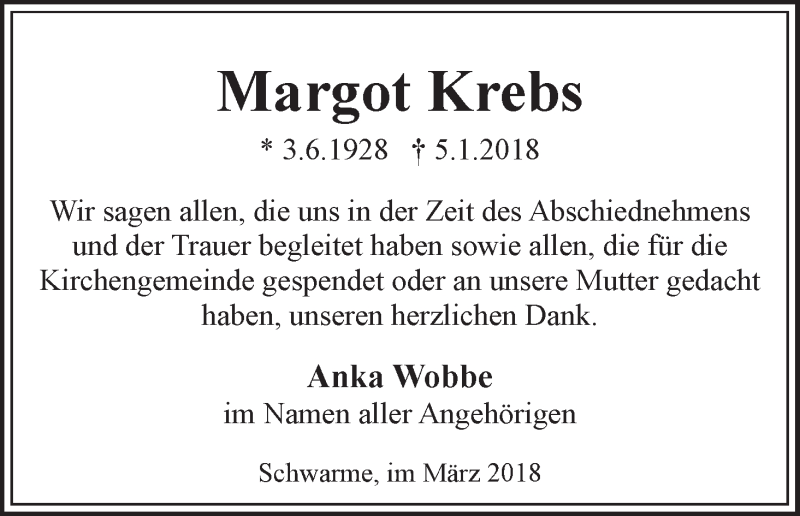 Traueranzeige von Margot Krebs von WESER-KURIER