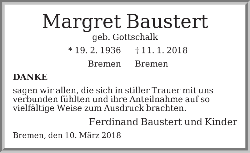 Traueranzeige von Margret Baustert von Die Norddeutsche