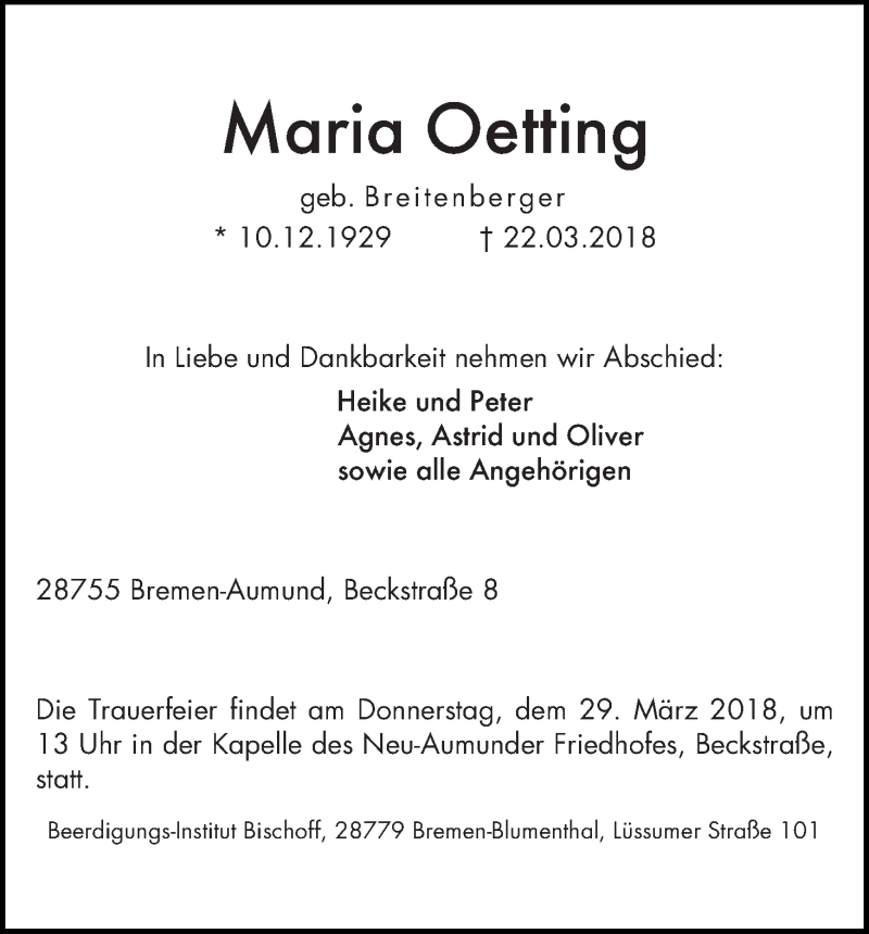 Traueranzeige von Maria Oetting von Die Norddeutsche