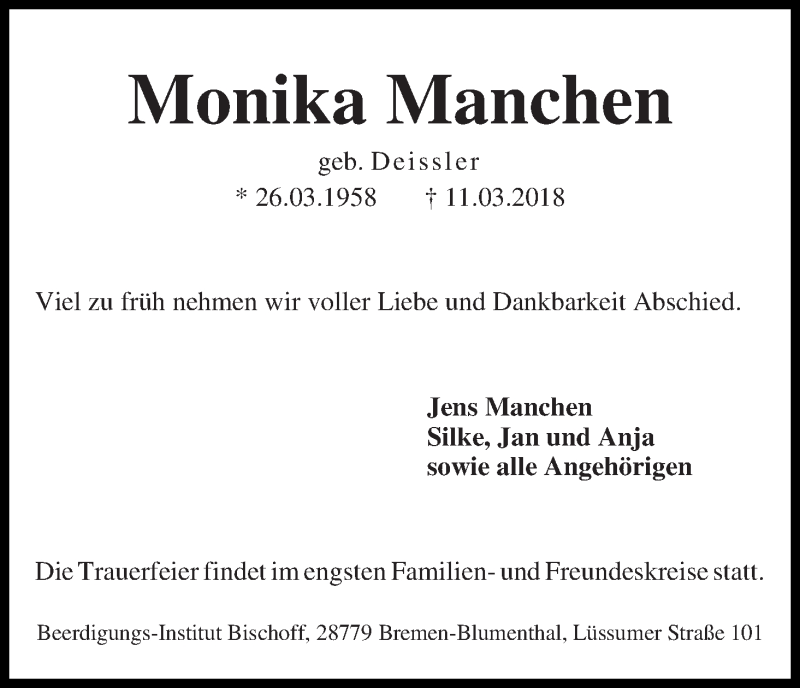 Traueranzeige von Monika Manchen von Die Norddeutsche