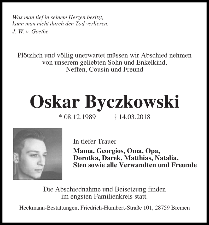 Traueranzeige von Oskar Byczkowski von Die Norddeutsche