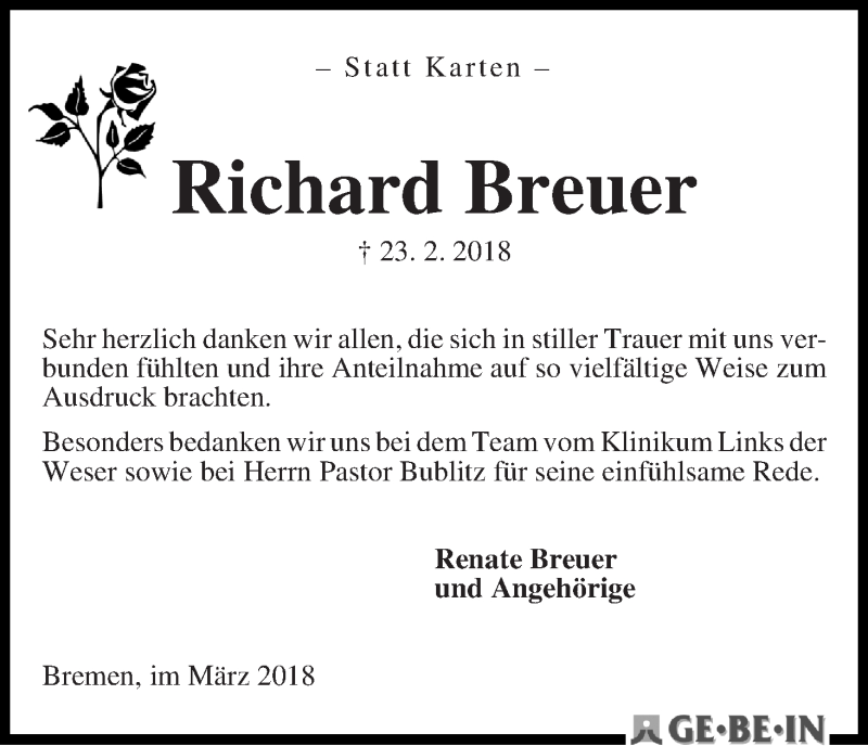 Traueranzeige von Richard Breuer von WESER-KURIER