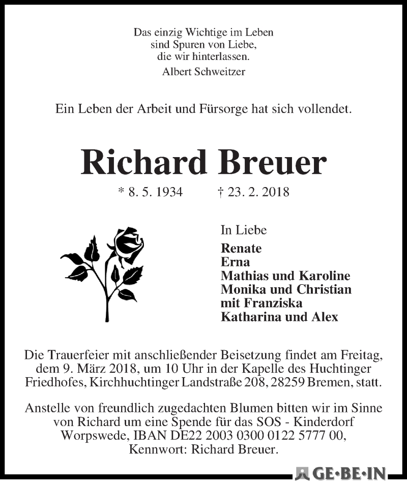 Traueranzeige von Richard Breuer von WESER-KURIER