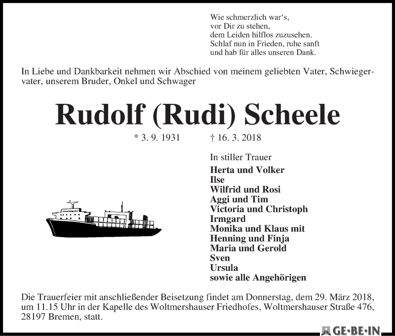 Traueranzeige von Rudolf (Rudi) Scheele von WESER-KURIER