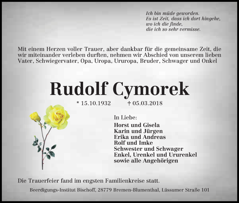Traueranzeige von Rudolf Cymorek von Die Norddeutsche