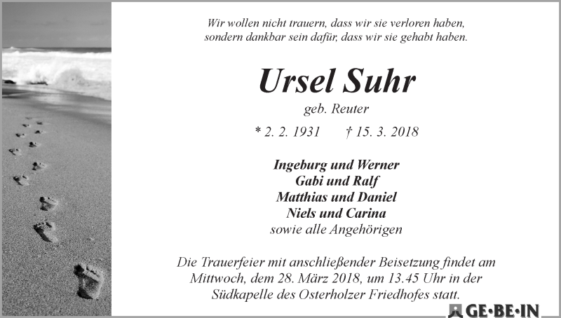 Traueranzeige von Ursel Suhr von WESER-KURIER