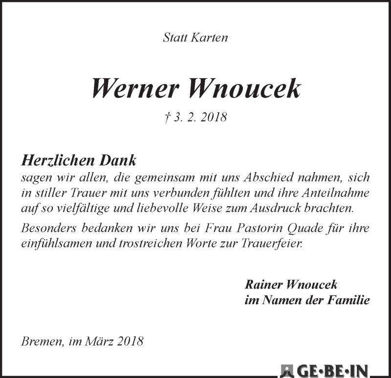 Traueranzeige von Werner Wnoucek von WESER-KURIER