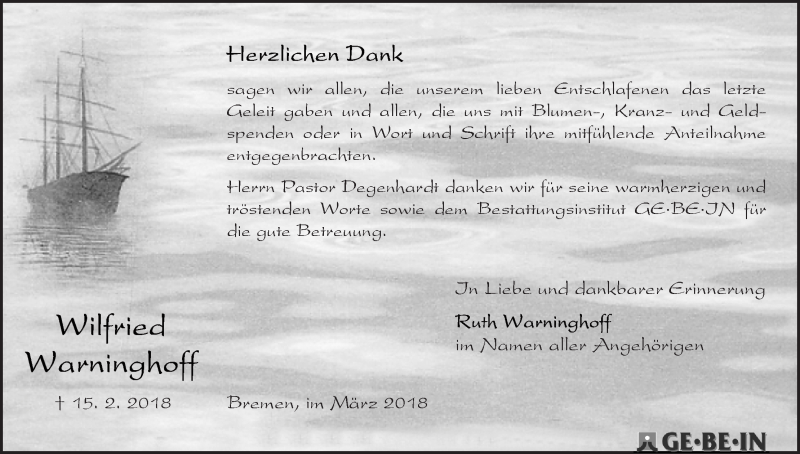 Traueranzeige von Wilfried Warninghoff von WESER-KURIER