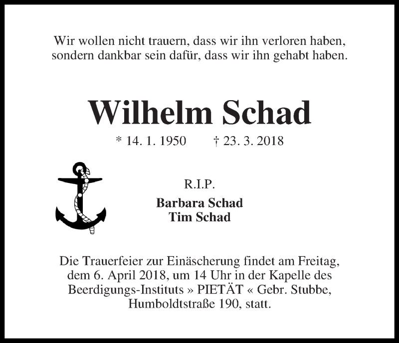 Traueranzeige von Wilhelm Schad von WESER-KURIER