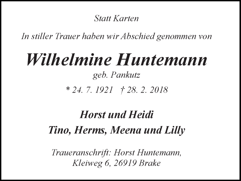 Traueranzeige von Wilhelmine Huntemann von WESER-KURIER