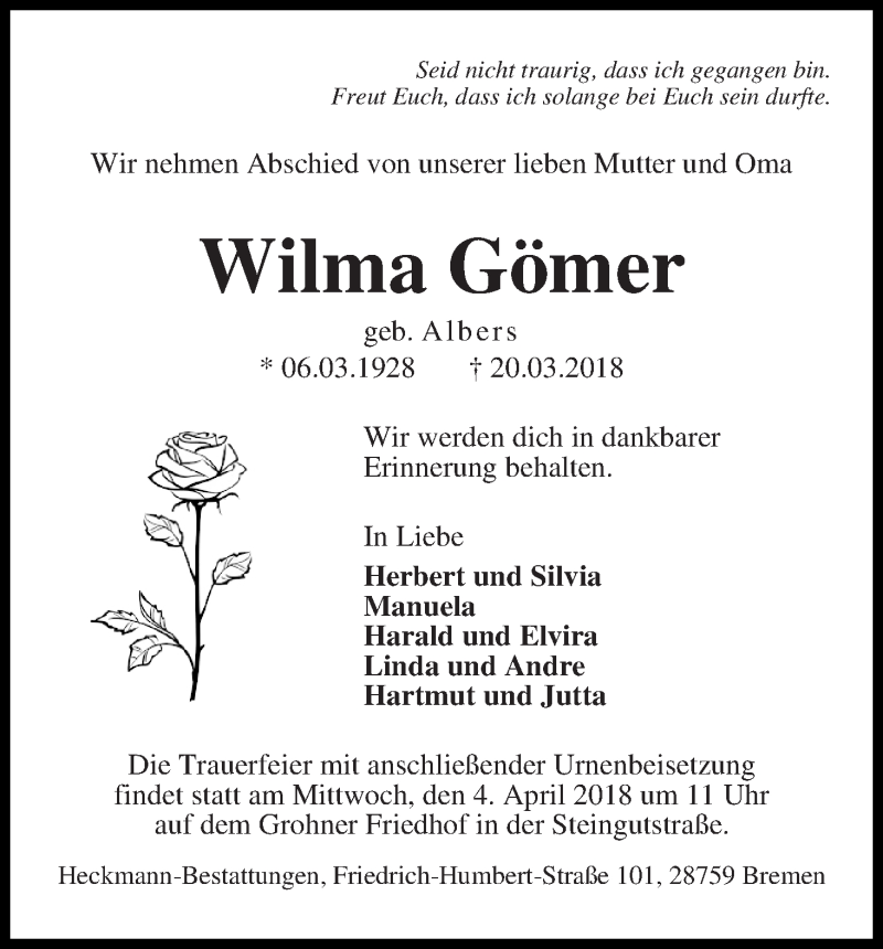 Traueranzeige von Wilma Gömer von Die Norddeutsche