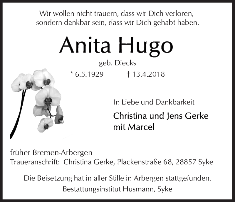Traueranzeige von Anita Hugo von WESER-KURIER