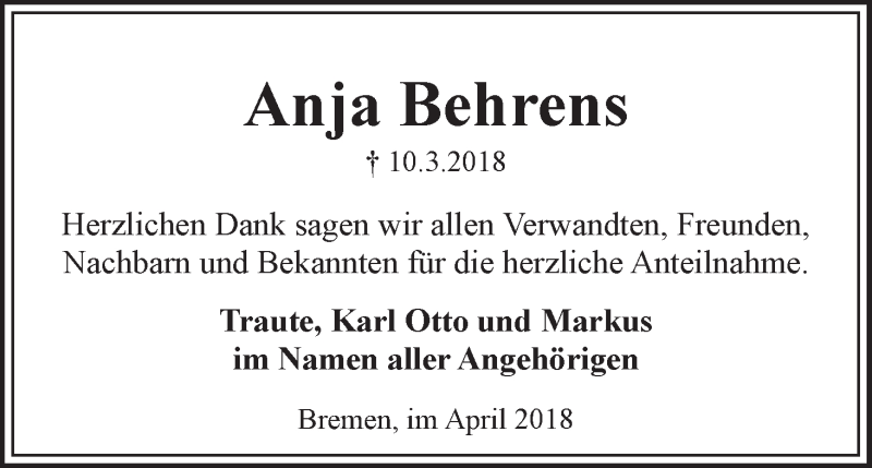 Traueranzeige von Anja Behrens von WESER-KURIER