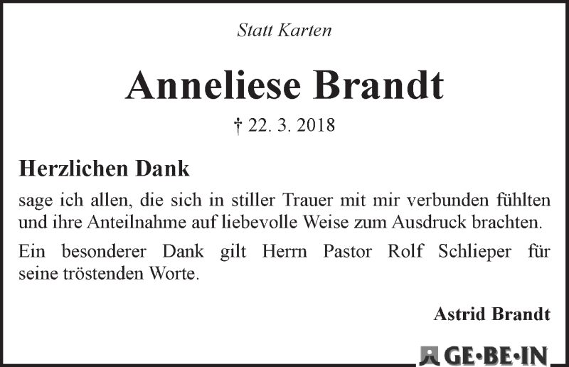 Traueranzeige von Anneliese Brandt von WESER-KURIER