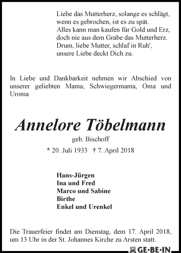 Traueranzeige von Annelore Töbelmann von WESER-KURIER
