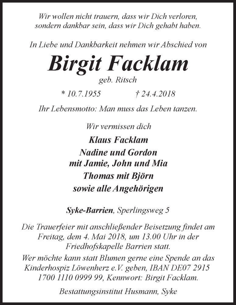 Traueranzeige von Birgit Facklam von WESER-KURIER