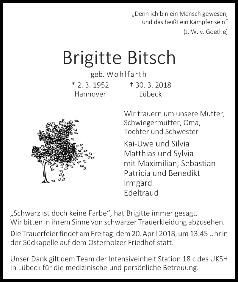 Traueranzeige von Brigitte Bitsch von WESER-KURIER