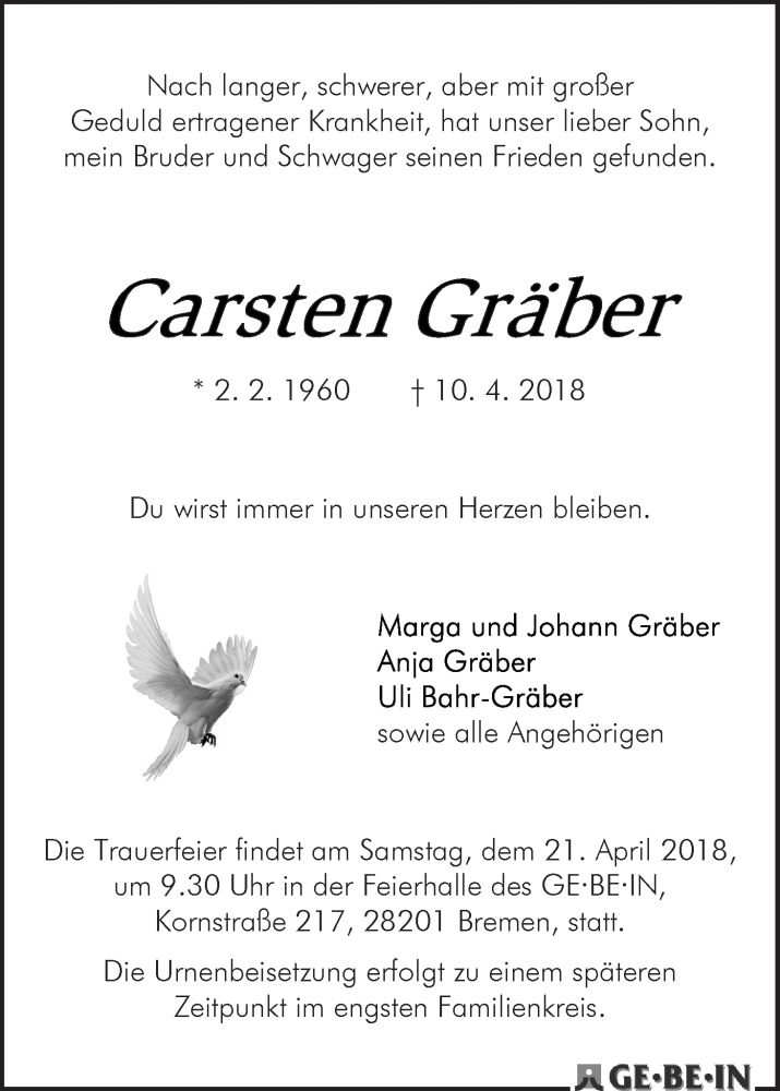 Traueranzeige von Carsten Gräber von WESER-KURIER