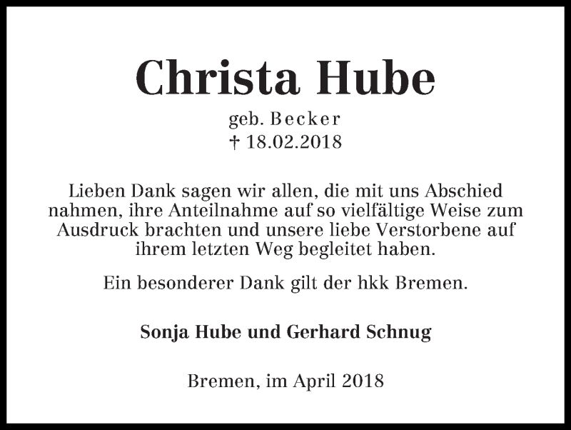 Traueranzeige von Christa Hube von Die Norddeutsche