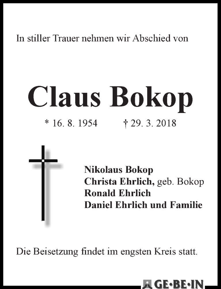 Traueranzeige von Claus Bokop von WESER-KURIER