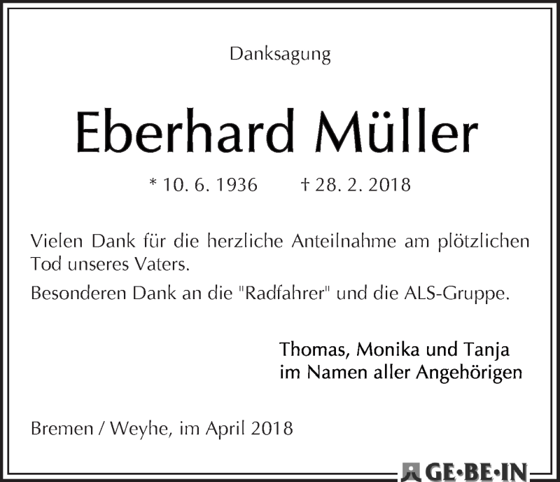 Traueranzeige von Eberhard Müller von WESER-KURIER
