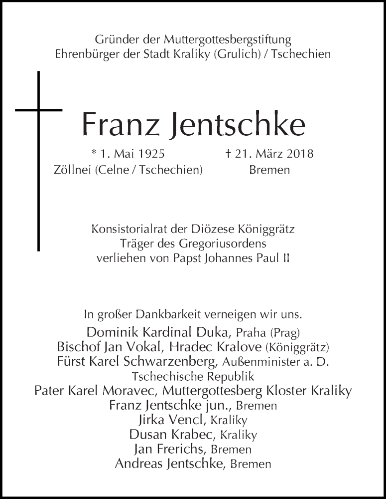Traueranzeige von Franz Jentschke von WESER-KURIER