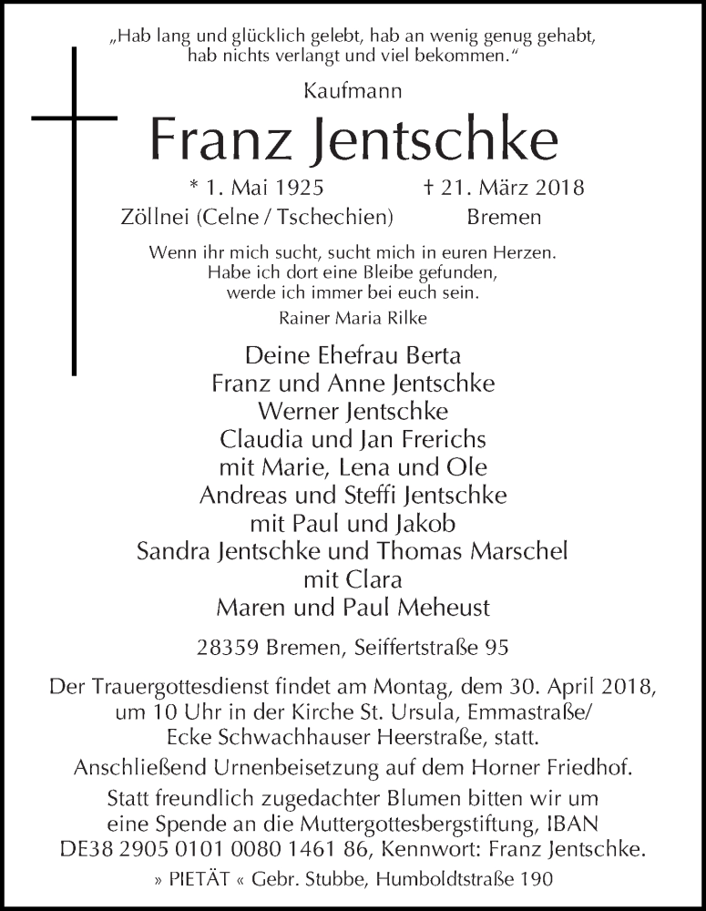 Traueranzeige von Franz Jentschke von WESER-KURIER