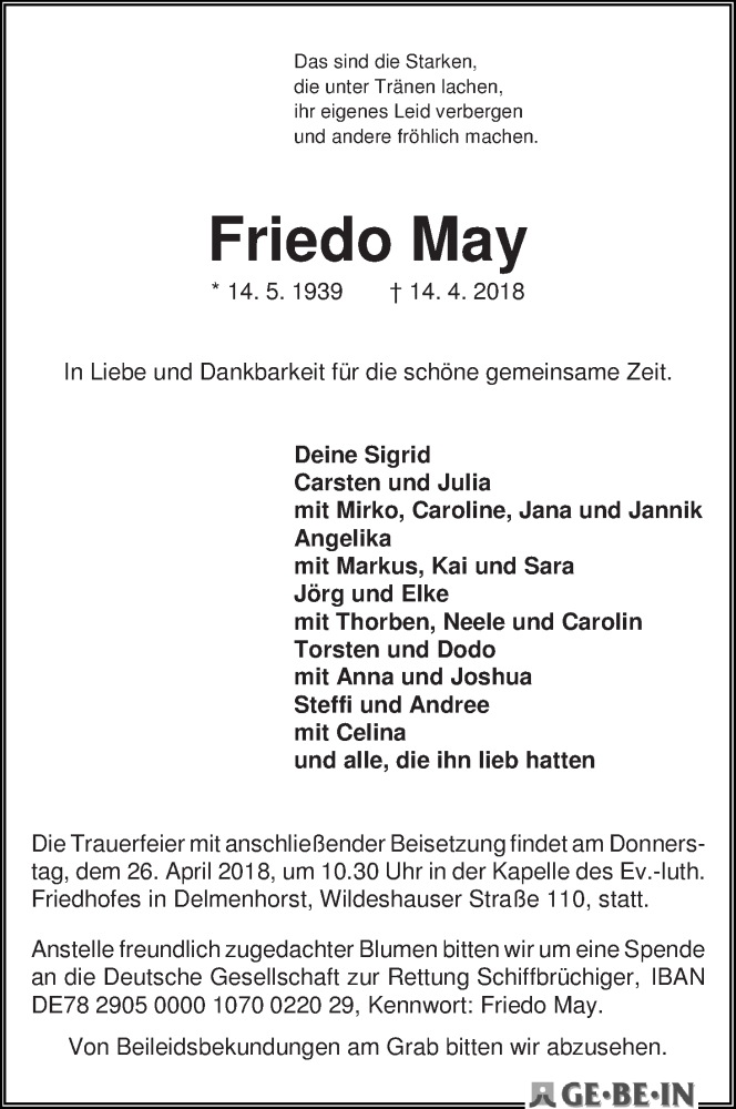 Traueranzeige von Friedo May von WESER-KURIER