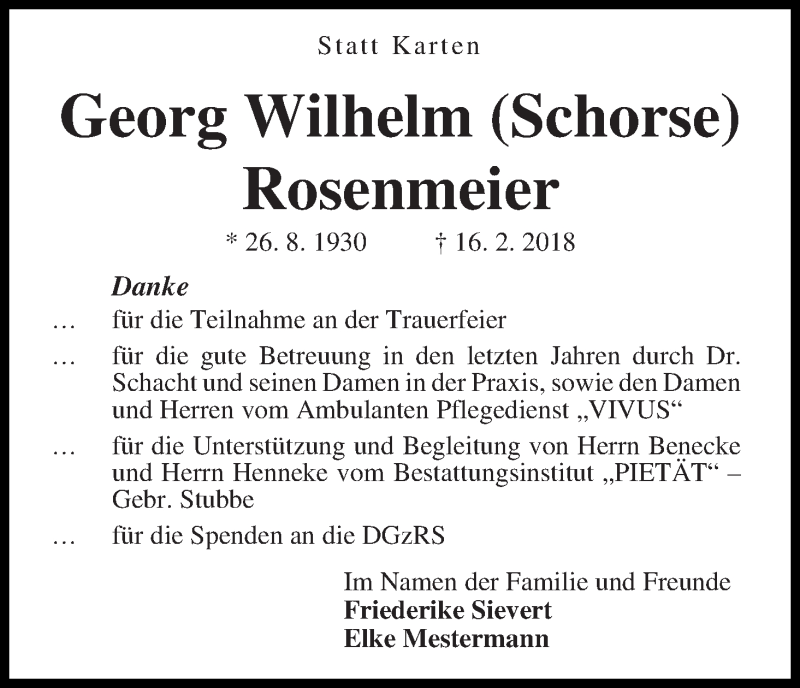 Traueranzeige von Georg Wilhelm Rosenmeier von WESER-KURIER